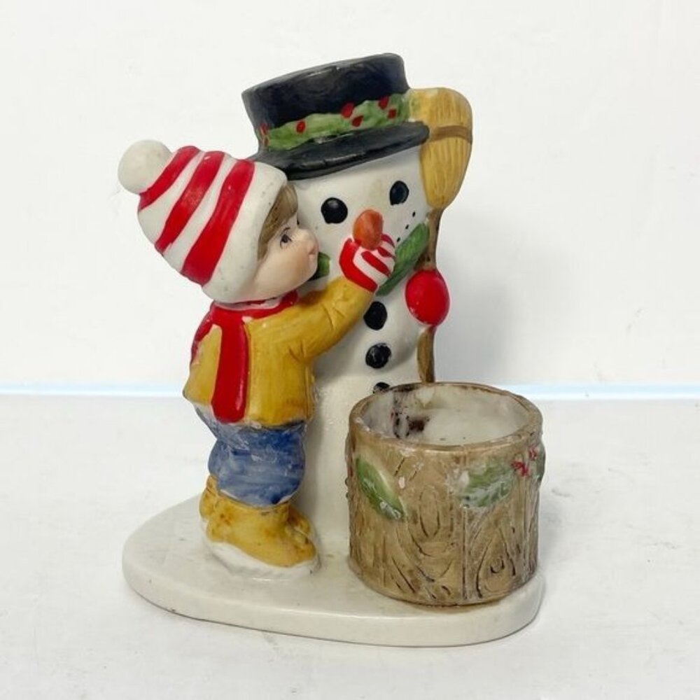 Vintage Jasco 1979 Christmas Porcelain Figurine Candle Holder Snowman & Child